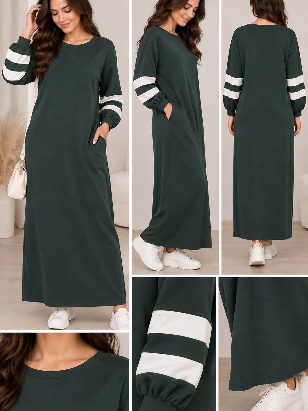 Everyday Long Sleeve Maxi Dress with Stripe Sleeves - Dark Green